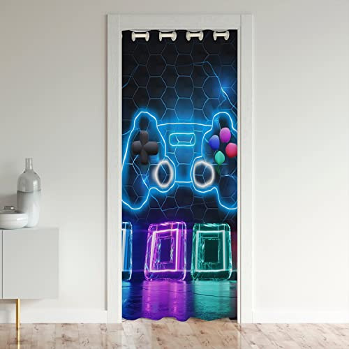 Loussiesd Gaming Vorhang für Innentür Raumteiler Gamepad Schrank Türvorhang 86x203cm Game Videospiel Controller Waben Muster Modern Dekor Verdunkelung Verdunkelungsvorhang mit Shams
