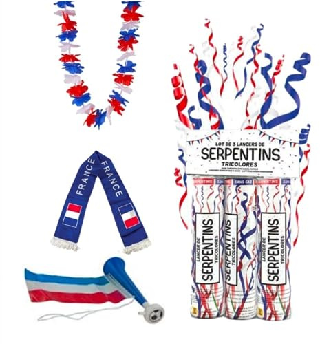 Pack Supporter France - 3 Lanceurs Serpentins France, Echarpe France 135cm, Trompette France 29cm, Collier Hawaïen - Kit Supporter France Allez les Bleus 6 accessoires FOOTBALL/RUGBY/FOOT