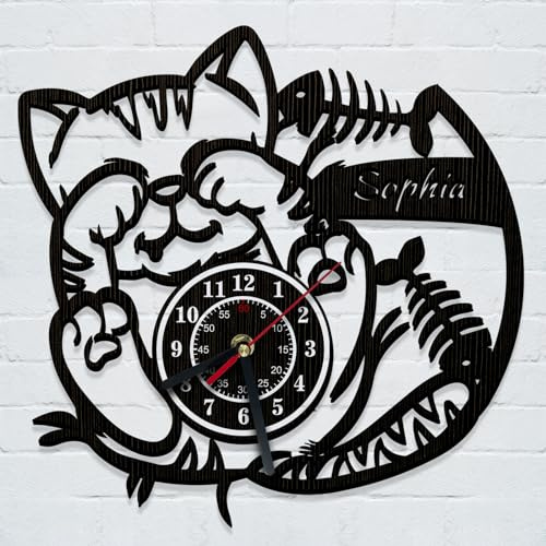 Orologio da parete personalizzato in legno con gatto fortunato - Decorazione personalizzata per negozio/soggiorno/camera da letto con nome - Regalo orologio da parete decorativo dal design creativo