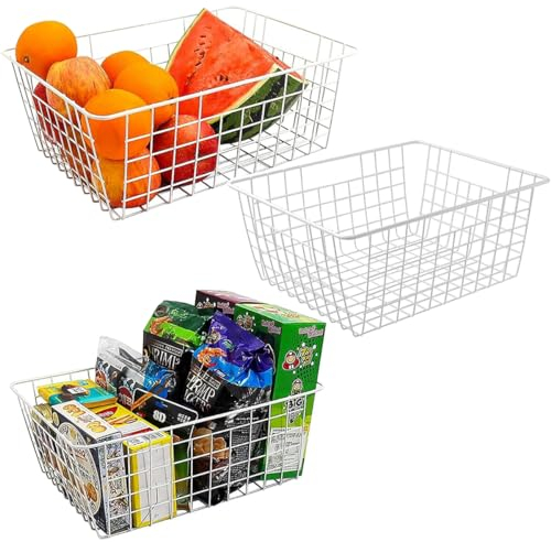 LOSYHU Confezione da 3 cestini portaoggetti in filo metallico, XL, bianchi, per congelatore, organizer per congelatore, contenitori in metallo con manici