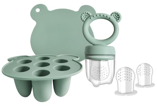 Silicone Baby Fruit Feeder Pacifier & Popsicle Molds – Multi-Purpose Food Storage Containers for Soothing Teething Relief & Encouraging Infant Self-Feeding(Green)