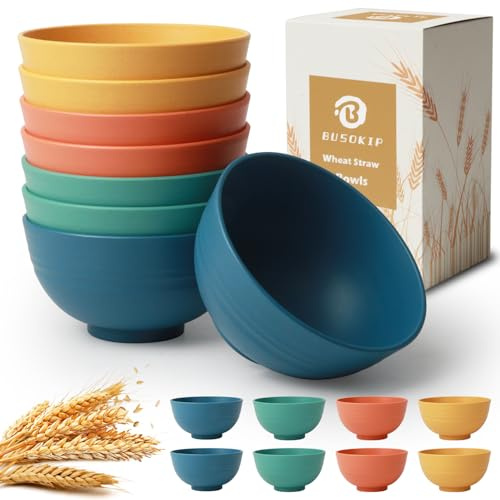 BUSOKIP Wheat Straw Bowls, 10 OZ Snack Bowl Set of 8, Unbreakable Small Bowl, Alternative Plastic Bowls Reusable for Snack, Dessert and Appetizer, Microwave and Dishwasher Safe (Multicolor)