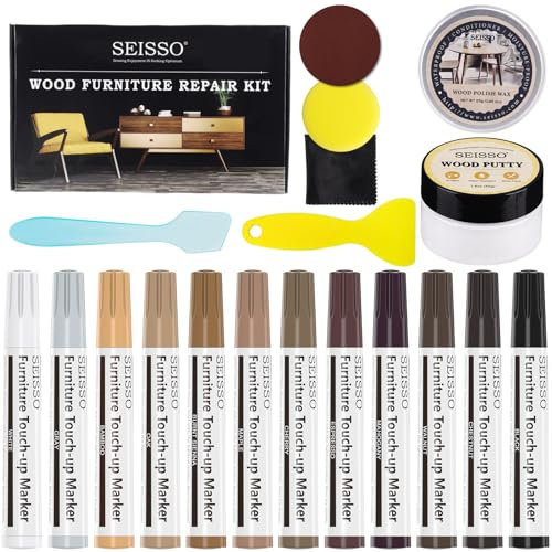 SEISSO Wood Furniture Repair Kit, 12-Colour Restoration Pen, with Wood Putty Wood Wax Oil to Repair Scratch, Cracks, Hole, Wooden Door, Floor, Table, Cabinet