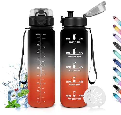 HoneyHolly Botella Agua 1 Litro, Motivacional Botella de Agua, Marcador de Tiempo, Prueba de Fugas, Cantimplora, Reutilizable, Botella para Escuela Camping Randonnée