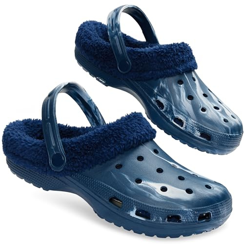 CityComfort Men's Teens Clogs Winter Classic Fleece Lined House Shoes - Warm Garden Shoes Slip On with Strap (Marble Blue, 10 UK)