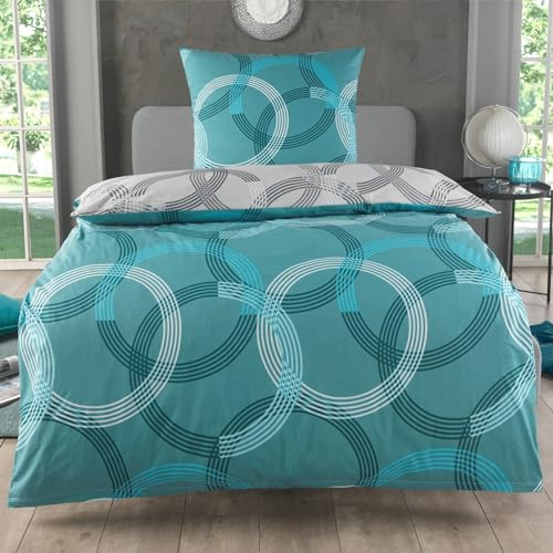 MALIKA Bettwäsche 135x200 Baumwolle, 2-teiliges Set, Kreismuster, Wende Bettbezug 135 x 200 cm, Kissenbezug 80x80 cm, Renforcé, atmungsaktiv, maschinenwaschbar, Türkise