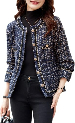 Blazer en Tweed à Carreaux pour Femme élégant décontracté d'affaires de Bureau élégant sur Mesure Veste de Travail Cardigan Formel Haut en Tweed (Marine,M)