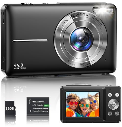 Digitalkamera 1080P Fotokamera 44MP Kamera Fotoapparat Tragbare Kompaktkamera mit 2,4 LCD Bildschirm, 16X Digitalzoom, 32G Micro Speicherkarte, 1 Akku für Kinder Teenager Student Anfänger-Schwarz