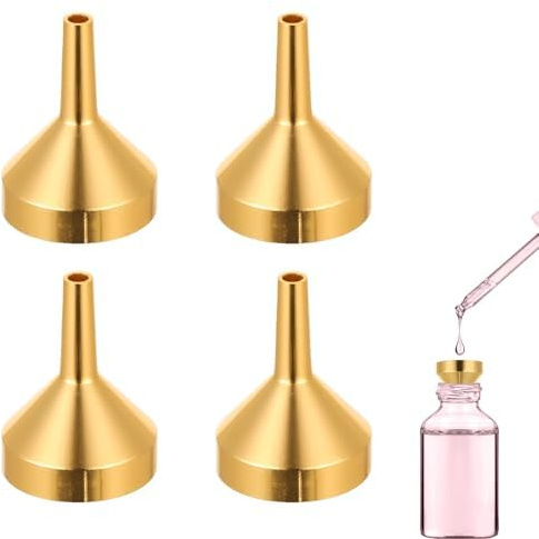 Lot de 4 mini entonnoirs en aluminium - Petit entonnoir en métal pour remplir les huiles essentielles, remplir de petites bouteilles, doser le parfum, sable (18 mm x 22 mm doré)
