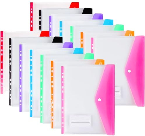 Lot de 14 pochettes perforées en plastique A4, 11 trous, extensibles pour pochettes à documents à 2/3/4 anneaux avec bouton pression et étiquette, feuilles mobiles transparentes pour bureau, école