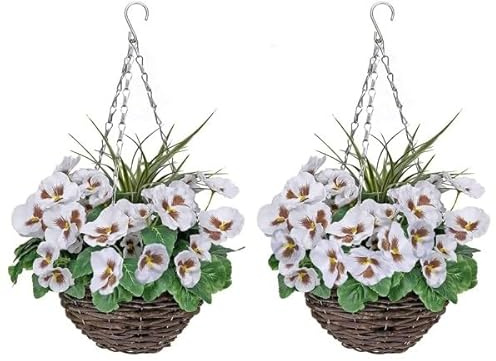 GreenBrokers 2 x Artificial Hanging Baskets Pansies and Decorative Grasses (Set of 2), Rattan, White Round, 52cm/20in