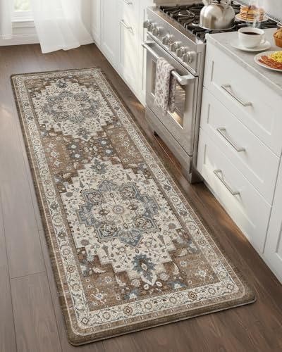 COLOR&GEOMETRY 10mm dick Vintage Küchenläufer rutschfest, 60x150cm, Braun | Boho Küchenmatte aus Leder, Wasserfeste & ölbeständige Stehmatte, Küchenteppich Anti-Ermüdungs für Küche