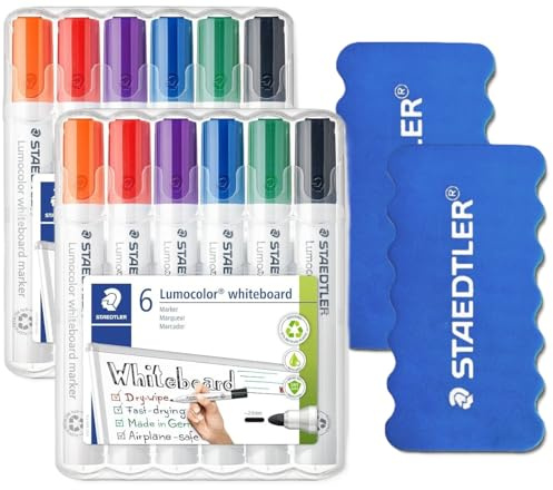 STAEDTLER Lumocolor 351 WP6 Whiteboard-Marker, Rundspitze ca. 2 mm Linienbreite, Set mit 6 Farben (1 stück (12er Pack))