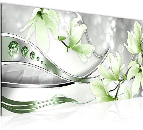 Runa Art Wandbild Blumen Magnolie 1 Teilig 100 x 40 cm Modern Bild auf Vlies Leinwand Abstrakt Wohnzimmer Grün Grau 207212b