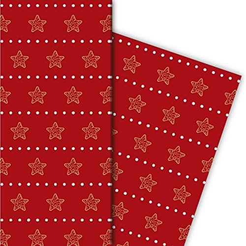 Kartenkaufrausch Schönes Streifen Weihnachtspapier, Geschenkpapier Set zu Weihnachten mit Ornament Sternen, rot, für tolle Geschenk Verpackung, Designpapier, scrapbooking, 4 Bogen, 32 x 48cm