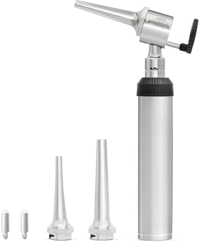 AIESI® Otoskop mit licht Veterinär professionell offenherzig weißlicht LED 3V beleuchtung mit 3 edelstahlkegeln VETSCOPE, Garantie 24 Monate