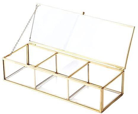 Vintage Golden Glass Lidded Box Clear Glass & Brass Metal Storage Jewelry and Cosmetic Makeup Organizer with Lid Beauty Display, Rectangle with 3 Compartment