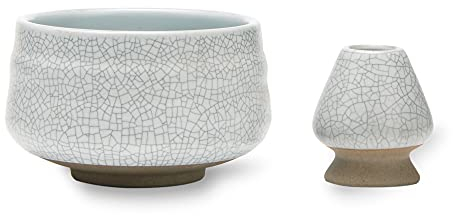 TEANAGOO Matcha Whisk and Bowl & Whisk Holder, Chasen Holder, MB-5, 18OZ / 510 ML, Matte Ivory White with Black Seam, Matcha Bowls Cups Handle Mixing Wisk Stand, Match Sifter Whisker Handmade Brush