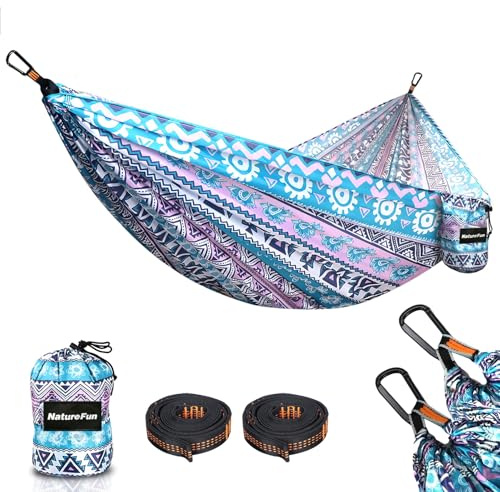 NATUREFUN Ultralätt resehängmatta | 300 kg lastkapacitet, andningsbar, snabbtorkande bärbar hängmatta (275 x 140 cm) | 2 x premium karbinhakar, 2 x nylonslingor ingår | utomhus inomhus trädgård