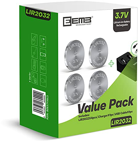 EEMB LIR2032 de Batterie Rechargeable avec 4 Piles Bouton Lithium-ION 4 pièces 3,7 V 45 mAh Montre Porte-clés à Distance