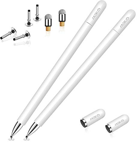 MEKO Stylus Pens for Touch Screens, Tablet Pen with Magnetic Cap, 2Pcs | Fibber/Disc Tips,High Sensitivity & Fine Point Universal Stylus for Android/Phone/iPad Pro/Air and All Devices (White+White)
