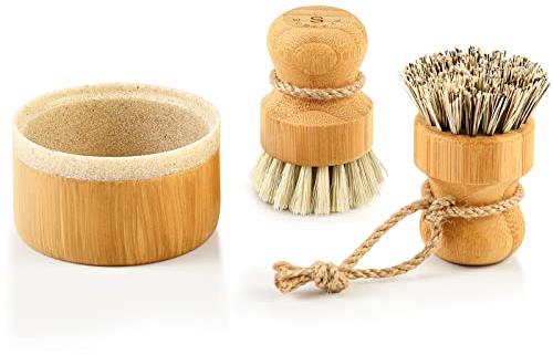 SUBEKYU Bamboo Dish Brush Set with Soap Holder, Wooden Dish Scrubber with Soap Dispenser, Natural Kitchen Scrub Brush, Washing Pot/Pans/Cast Iron, 2 Pack, Sisal + Coconut Palm Bristles