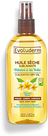 EVOLUDERM - Huile Sèche Sublimante au Monoï - 125 ml - 95% d'Origine Naturelle - Végan - Fabrication Française - Soin Visage, Corps et Cheveux - Hydrate - Sublime - Non Gras