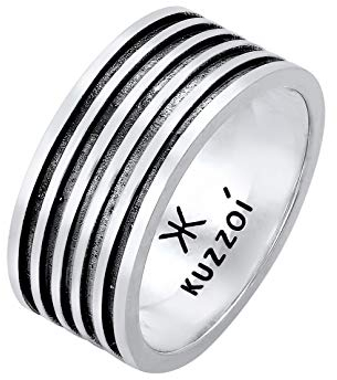 Kuzzoi Herrenring oxidiert, Bandring massiv (10 mm) in 925 Sterling Silber, Vintage Herren Schmuck Accessoire mit Rillen Struktur, Markanter Ring für Männer, Ringgröße 66, 0601762921_66
