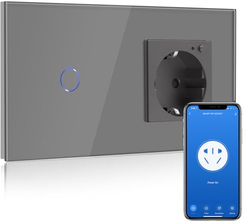 BSEED Smart Alexa Lichtschalter,WIFI Lichtschalter mit Steckdose Kompatibel mit Alexa,Google Home,Glas Touchscreen-schalter,1 Fach 1 Weg Grau(Neutrale Leitung benötigt)