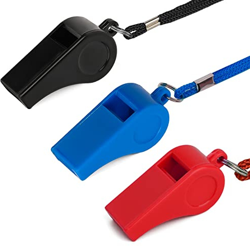 SAVITA 3 Pièces Sifflets en Plastique avec Lanière, Sifflet de Sport en Entraînement Urgence de Survie Sport pour Entraîneur de Dressage de Chiens (Noir, Bleu et Rouge)