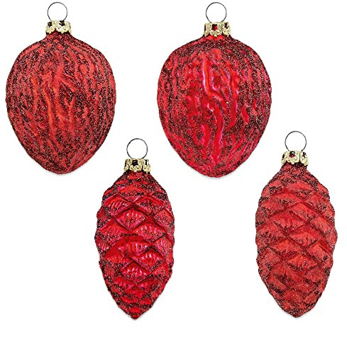 Thüringer Glasdesign Zapfen und Nüsse Set 004-01010-1232 | 4-TLG. | ca. 6cm - Rot - Christbaumschmuck Weihnachtsbaumschmuck Traditionell Klassisch Tannenzapfen Walnüsse