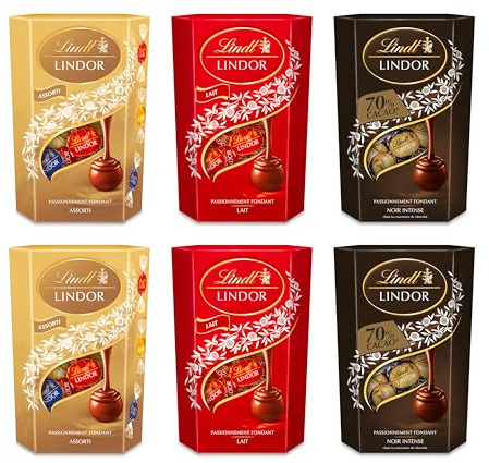 Lindt - Lot de 6 Cornets LINDOR - Lait, Assorti et Noir - Chocolat au Lait, Noir et Blanc - Cœur fondant, 6x200g
