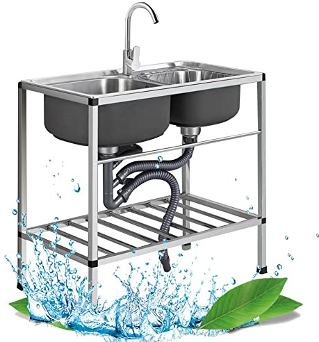 Fregadero De Cocina De Dos Senos, Fregadero Utilitario Independiente De Acero Inoxidable Con Soporte Almacenamiento Inferior Con Grifo Y Desagüe Para Bar Cocina Restaurante Exterior