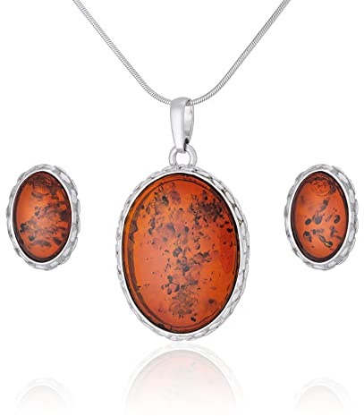 AMBEDORA Damsmyckesset Catherine | sterlingsilver 925 glans | baltisk bärnsten i konjak | kedjehänge och örhängen | Färdigt presentset, Sterlingsilver, Bärnsten