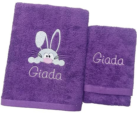 AmiAmarena Asciugamani bambini personalizzati. Set viso+ospite per bagno, asilo, scuola. Idea regalo per bambini (Coniglietto)