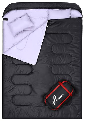 Schlafsack Outdoor: Sportneer Schlafsäcke 2 Personen Doppelschlafsack 220x150cm, 3.5kg mit 2 Kissen, Vier Doppel Zippern, Erwachsene Deckenschlafsack für Familie, Schwarz