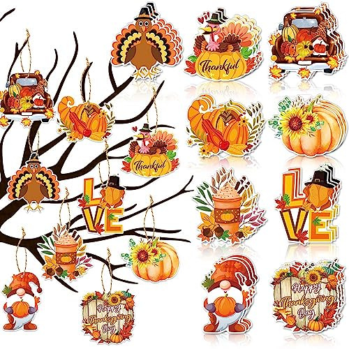 27 adornos del día de Acción de Gracias para decoraciones de árboles pequeños, colgante de otoño, pavo, calabaza, adornos de papel para estante de árbol, hogar, aula, decoración de fiesta, suministros