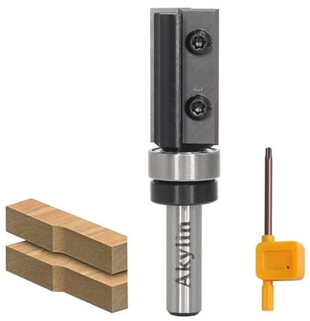 AKYLIN Fraise à affleurer à plaques réversibles, tige de 8 mm, lame en carbure interchangeable sur 4 côtés, fraise à affleurer avec roulement à billes, fraise à bois pour le traitement des bords