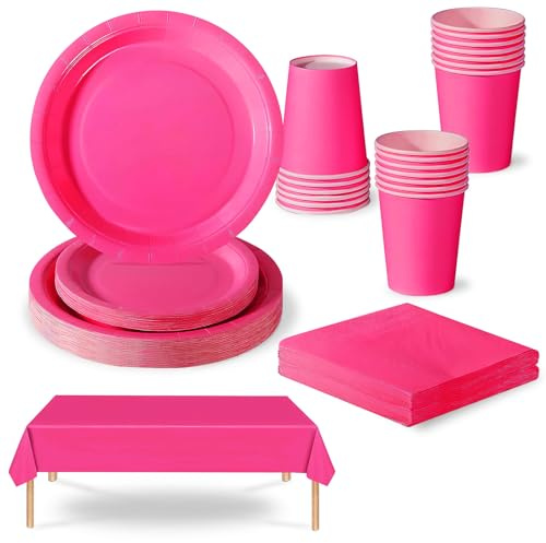 69P Hot Pink Party Tableware Plastic Table Cloth Cover,Paper Plates,Napkins and Cups for Barbie Parties Supplies,Bright Pink Party Decoration Dinnerware Set for Kids Adults Birthday,Xmas Parties
