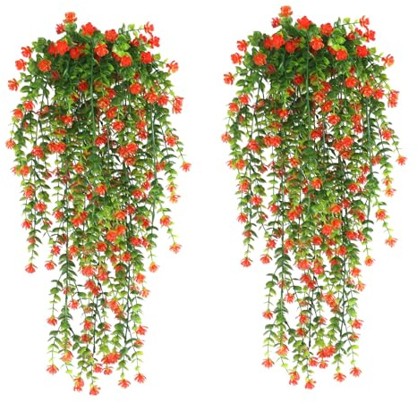 Leixi 4Pcs Artificial Hanging Flowers, UV-Resistant Fake Hanging Plants Flower Bouquet for Wall Home Room Garden Yard Patio Wedding Indoor Outdoor Decoration (Orange)