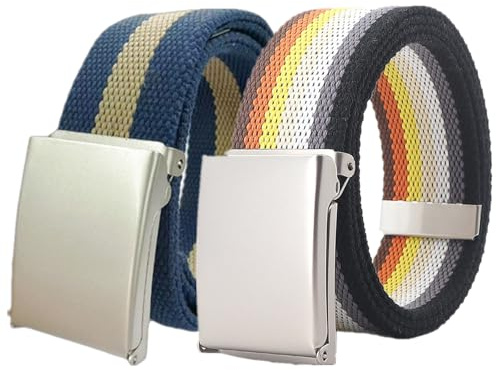 YunYunStrap Damen Herren Regenbogen Canvas Web Gürtel Größe bis zu 180cm mit Flip-Top massive mattsilberne Militärschnalle, 2er-Pack