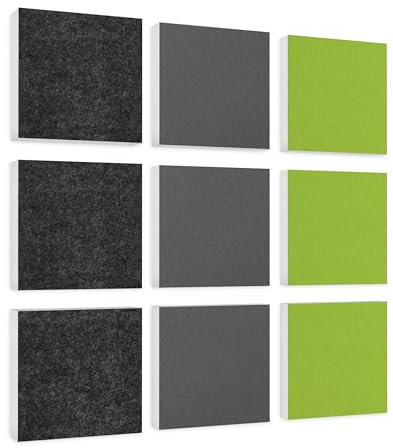 platino24 Akustikpaneele 9 Elemente Colore Quadrat 27,5 x 27,5cm Anthrazit + Grau + Hellgrün I Schallabsorber aus Basotect G+ mit Akustikfilz I Schalldämmung Wand & Decke I Akustikelemente Wandpaneel