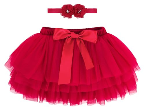 Bébé Tout-Petit Enfant Fille Tutu Princesse Mini Jupe Super Doux Tulle Taille Élastique Ballet avec Protège-Couche + Bandeau 2-3 Ans Mois, Rouge XL