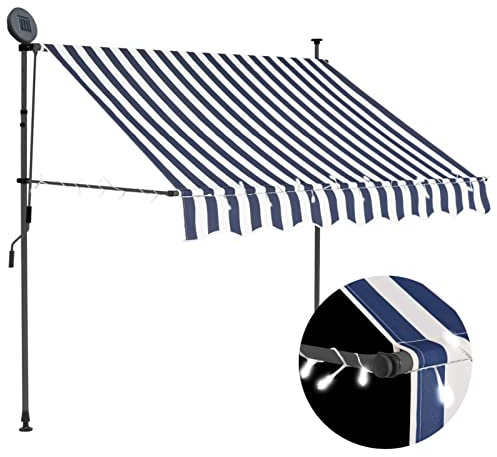 ShCuShan Tenda da Sole Retrattile Manuale con LED 150 cm Blu e Bianca,Tenda da Sole per Esterno Avvolgibile, Tenda da Sole a Bracci Estensibili con Telaio in Alluminio, Tettuccio Resistente al Sole e