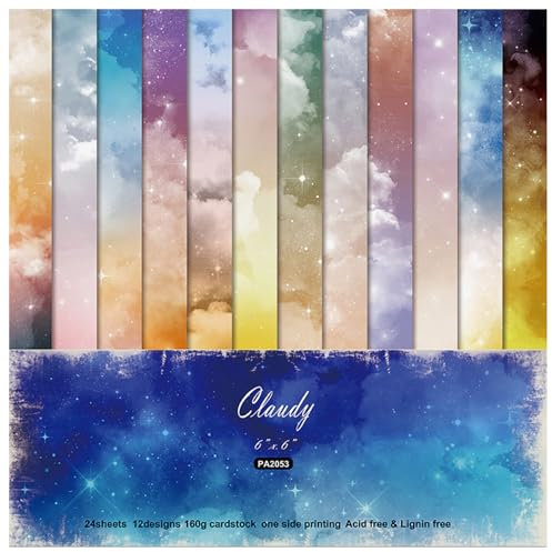 ZAKHSE Motivpapier 15,2x15,2cm, 48 Blatt Designpapier Bunte Wolken Muster Scrapbook Papier, Einseitig Bedruckt Bastelpapier, 12 Designs, Gemustert Papier Set Dekopapier für Kartenherstellung
