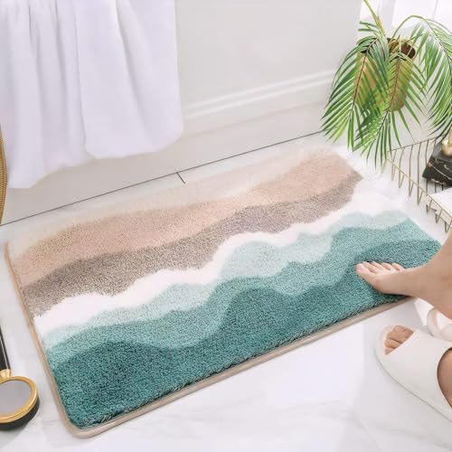HRILO Microfiber Bathroom Rugs, Absorbent Soft Shaggy Carpet Floor Mats for Shower Tub Sink Toilet, Non-Slip Plush Carpet Floor Mats for Living Room Bedroom Kitchen ，Green，32 X 20 Inches