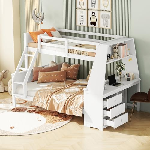 Hochbett fur 3 Kinder, Kinderbett mit Bücherregal und Schreibtisch, 90x200cm +140x200cm Kinderbetten mit 3 Schubladen Schrank, Funktionsbett Etagenbett Stockbett Jugendhochbett mit Lattenrost, Weiß