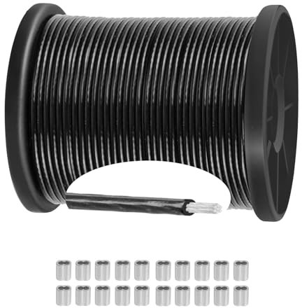 Wire Rope Stainless Steel PVC Black Coated Steel 2mm Wire Rope for Outdoor String Lamp Light Suspension, Climbing Plants, Gardening with 30 Aluminum Crimping Sleeves