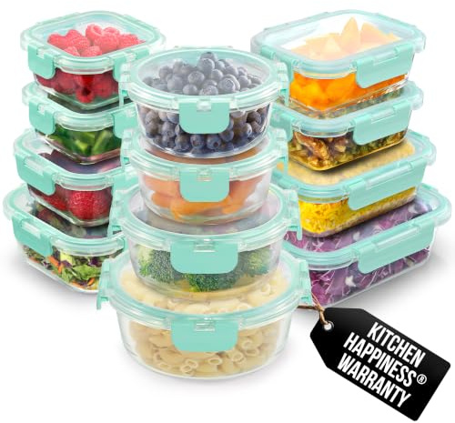 Zulay 12er-Set Glas-Frischhaltedosen für Meal Prep, Tupperdosen Set aus Glas mit luftdichten Deckeln - Meal Prep Boxen Gläser, spülmaschinen-, mikrowellen-, ofen- & gefriergeeignet, BPA-frei - Türkis