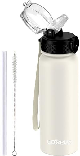 GOPPUS Borraccia in acciaio inox da 600 ml, con cannuccia, isolamento a doppia parete, con cinghia, riutilizzabile, sottovuoto, a prova di perdite, mantiene le bevande fredde, con coperchio